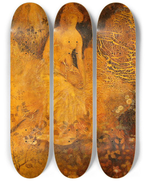 Triptych art skateboard deck of Albert Pinkham Ryder Woman With A Deer by Albert Pinkham Ryder (1847-1917)