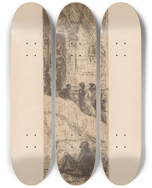 Triptych art skateboard deck of Marius Bauer Tempel In Tanjore by Marius Bauer (1867-1932)