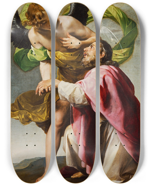 Triptych art skateboard deck of Alonso Cano Saint John The Evangelists Vision Of Jerusalem by Alonso Cano (1601-1667)