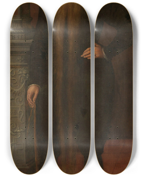 Triptych art skateboard deck of Aert Pietersz Portrait Of Pieter Dircksz Called Long Beard Council Member Of The Orphan Chamber In Edam by Aert Pietersz (1550-1612)