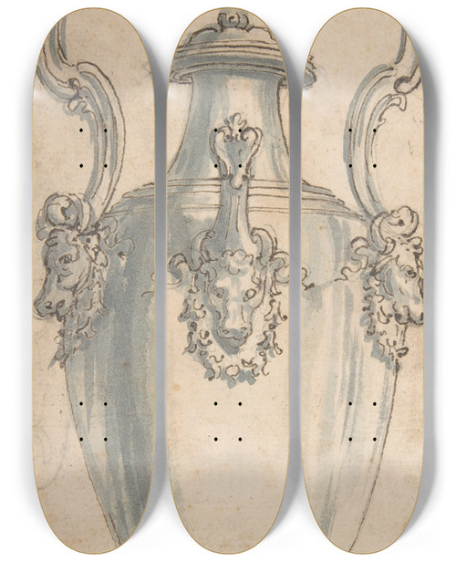 Triptych art skateboard deck of Giovanni Battista Foggini Design For A Ewer With Bulls Heads Under The Handels And Spout by Giovanni Battista Foggini (1652-1725)