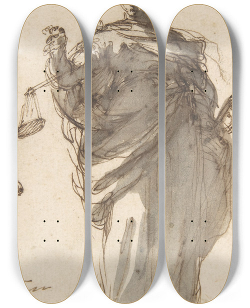 Triptych art skateboard deck of Giuseppe Bernardino Bison Design For A Statue Of Justice With Sketches At Left And Above by Giuseppe Bernardino Bison (1762-1844)