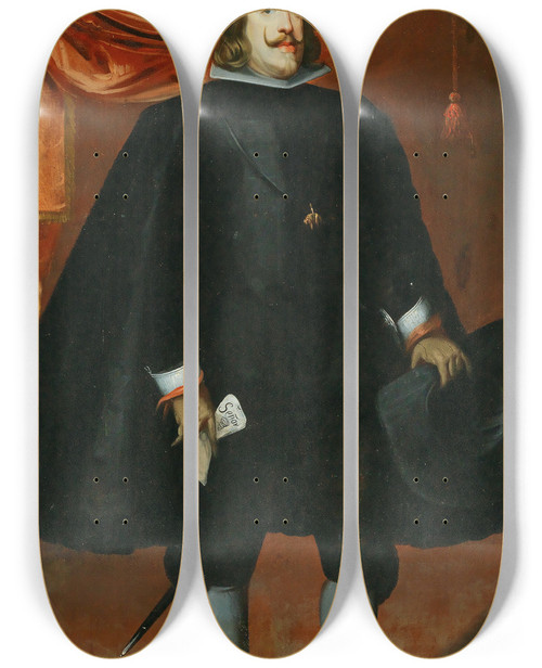 Triptych art skateboard deck of Follower Of Diego Velzquez Portrait Of King Philip Iv Dressed In Black And Wearing The Order Of The Golden Fleece by Follower Of Diego Velazquez (1599-1660)