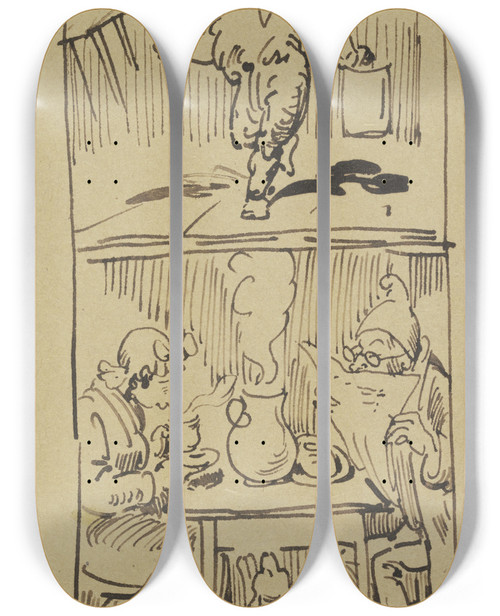 Triptych art skateboard deck of Wilhelm Busch Es Wchst Die Kraft Doch Unten Hier Liest Vater Meck In Dem Courier by Wilhelm Busch (1832-1908)