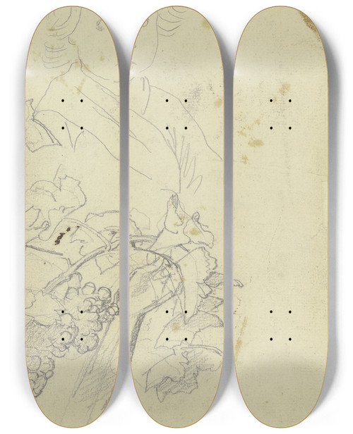 Triptych art skateboard deck of Jakob Becker Studie Zu Einem Kleinem Jungen Darunter Eine Hand Die In Eine Weinrebe Greift by Jakob Becker (1810-1872)