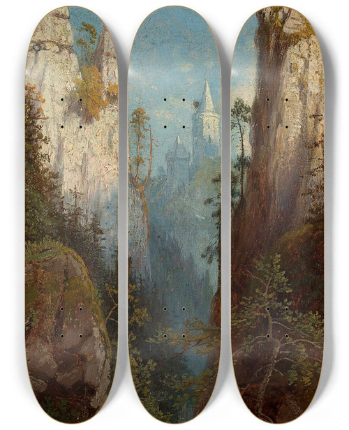 Triptych art skateboard deck of Feliks Brzozowski Ojcw At The Prdnik River by Feliks Brzozowski (1836-1892)