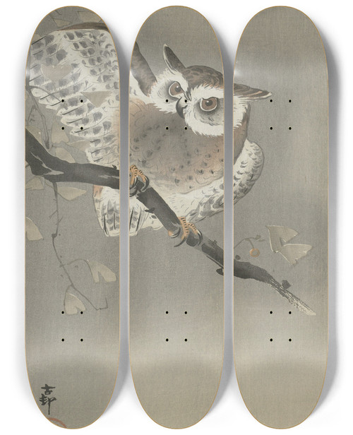 Triptych art skateboard deck of Ohara Koson Longeared Owl In Ginkgo by Ohara Koson (1877-1945)
