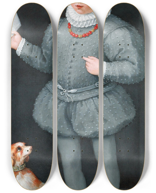 Triptych art skateboard deck of Bolognese School Portrait Of A Boy With A Dog Possibly A Member Of The Albergati Family by Bolognese School