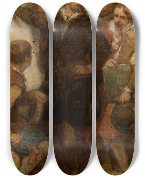 Triptych art skateboard deck of Nicaise De Keyser The Painter Denys Calvaert In Bologna by Nicaise De Keyser (1813-1887)
