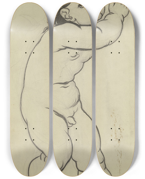 Triptych art skateboard deck of Victor Mller Nach Rechts Schreitender Putto Den Rechten Arm Erhoben by Victor Muller (1829-1871)
