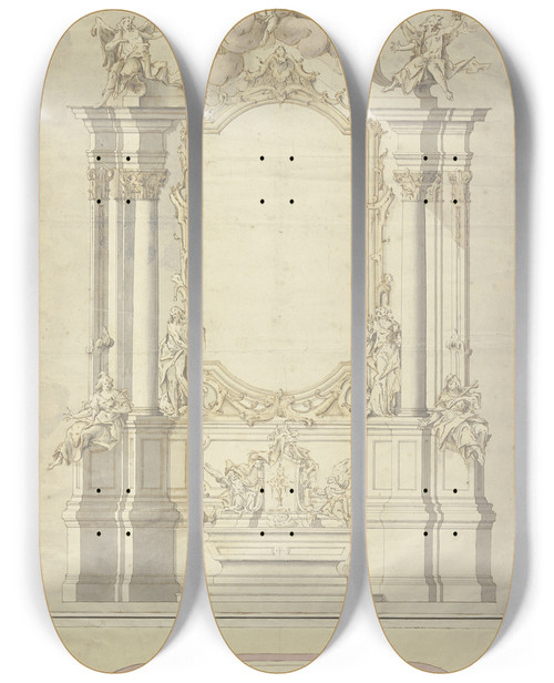 Triptych art skateboard deck of Johann Baptist Straub Altarentwurf Rechts Und Links Von Der Rahmung Fr Das Altarblatt Stehen Die Beiden Johannes Zu Fen Der Sulen Rechts Und Links Sitzt Je Eine Allegorische Weibliche Gestalt by Johann Baptist Straub