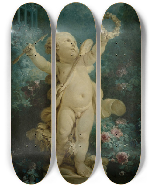 Triptych art skateboard deck of Jeanhonor Fragonard Lamour Triomphant by Jean-Honor Fragonard (1732-1806)