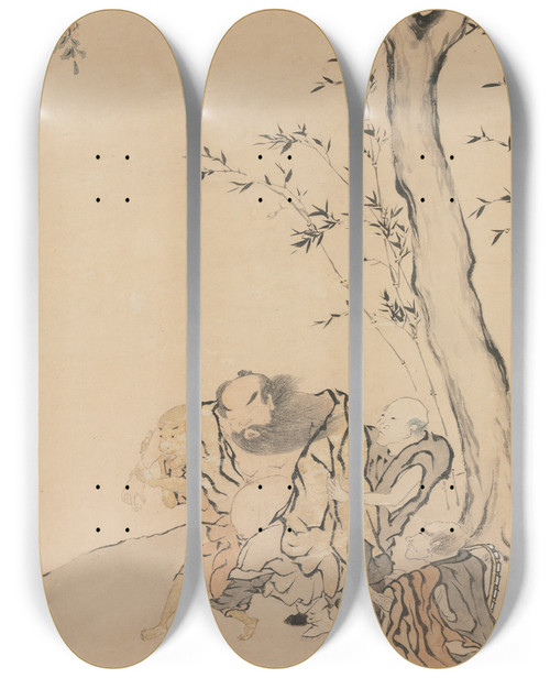 Triptych art skateboard deck of Luo Ping Zhong Kui Supported By Ghosts by Luo Ping (1733-1799)