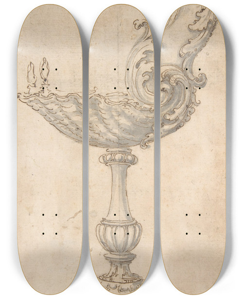 Triptych art skateboard deck of Giovanni Battista Foggini Design For A Cup Or Reliquary Composed Of A Shell And Svolute by Giovanni Battista Foggini (1652-1725)