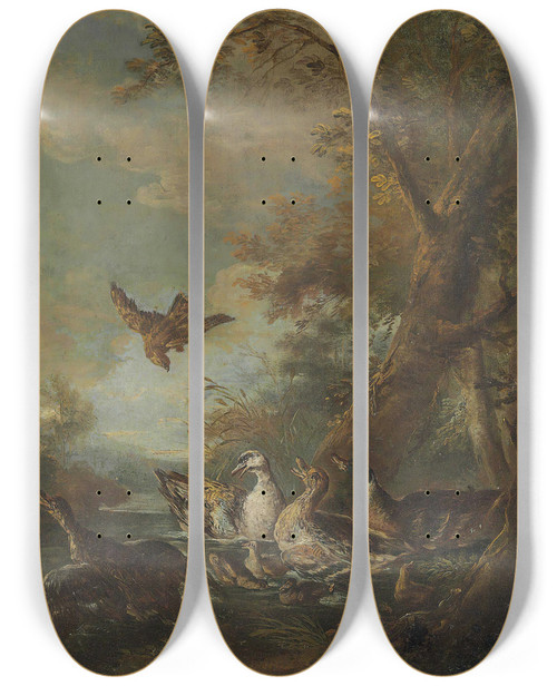 Triptych art skateboard deck of Giovanni Crivelli A Bird Of Prey Ducks And Ducklings In A Landscape by Giovanni Crivelli (1690-1760)