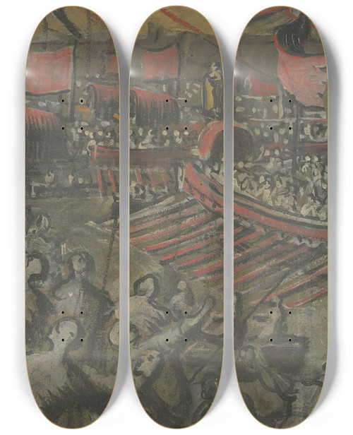 Triptych art skateboard deck of Domenico Tintoretto Venetian Ships Attacking Constantinople by Domenico Tintoretto (1560-1635)