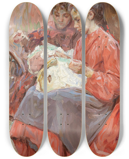 Triptych art skateboard deck of Josef Engelhart Two Girls Engaged In Needlework by Josef Engelhart (1864-1941)