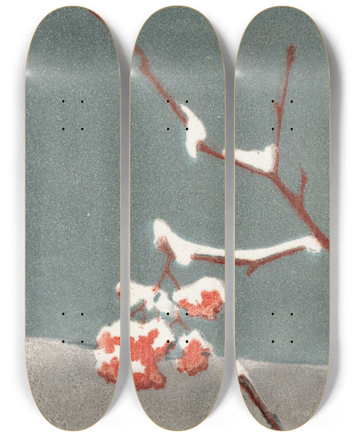 Triptych art skateboard deck of Eric O W Ehrstrm Cluster Of Rowanberries With Snow by Eric O W Ehrstrom (1881-1934)