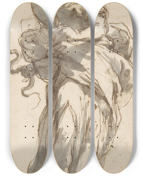 Triptych art skateboard deck of Giuseppe Bernardino Bison Design For A Statue Of Prudence With Sketches At Upper Left Corner by Giuseppe Bernardino Bison (1762-1844)