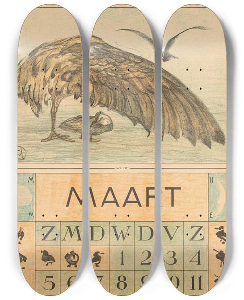 Triptych art skateboard deck of Theo Van Hoytema Kalenderblad Maart Met Wulp by Theo Van Hoytema (1863-1917)