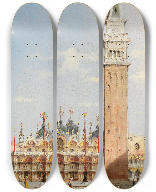 Triptych art skateboard deck of Marco Grubacs Venice A View Of St Marks Square by Marco Grubacs (1839-1910)