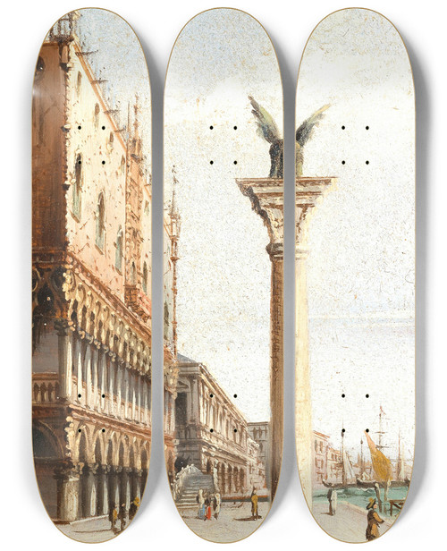Triptych art skateboard deck of Marco Grubas Venice A View Of Palazzo Ducale And St Marks Column by Marco Grubas (1839-1910)