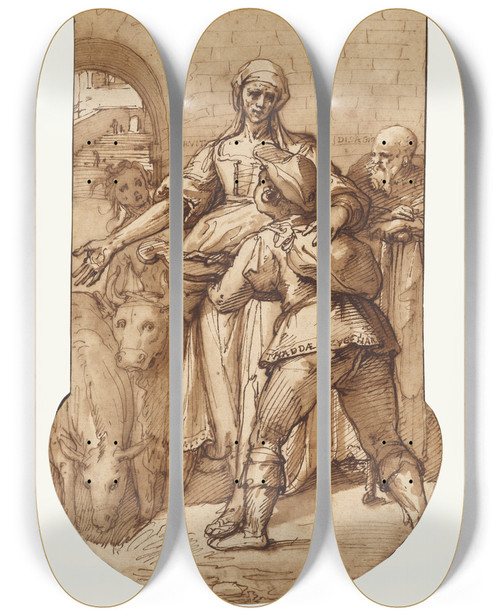 Triptych art skateboard deck of Federico Zuccaro Taddeo At The Entrance To Rome Greeted By Toil Servitude And Hardship And By Obedience And Patience The Ass And Ox by Federico Zuccaro (1542-1609)