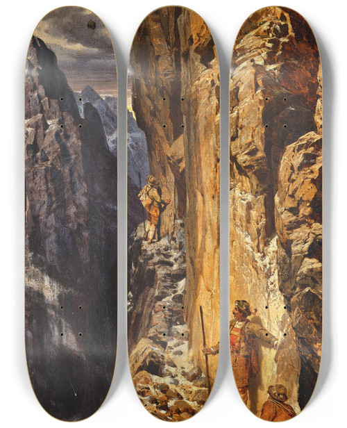 Triptych art skateboard deck of Georg Janny Mountaineers Ascending A Steep Rock Face by Georg Janny (1864-1935)