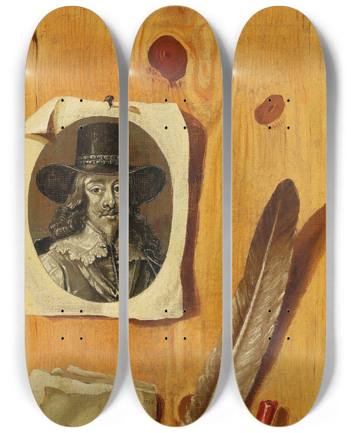 Triptych art skateboard deck of Jacobus Plasschaert A Trompeloeil Painting With An Engraved Portrait Of King Charles I An Issue Of Fogs Journal Dated 1734 A Quill Pen And Sealing Wax Held Against A Wooden Backboard by Jacobus Plasschaert (1730-1765)