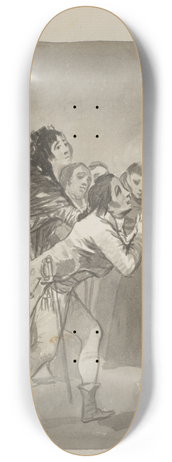 Francisco de Goya - Humility versus Pride a young man imploring an older man with other figures in front of them 8.25 inch art skate deck