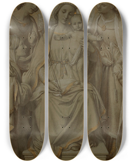 Triptych art skateboard deck of Andreas Mller The Virgin And Child Beneath A Baldachin With Saints Agnes Dorothea And Irene by Andreas Moller (1811-1890)