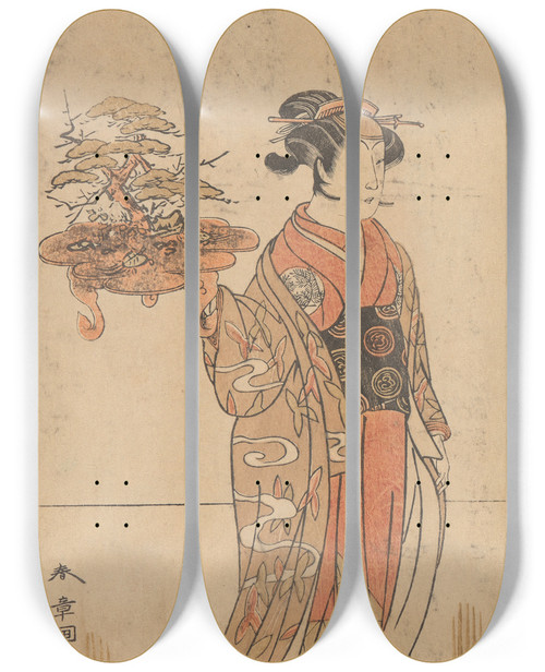 Triptych art skateboard deck of Katsukawa Shunch Actor Nakamura Matsuge Portraying A Young Woman Holding A Pot Containing A Dwarf Tree by Katsukawa Shuncho (1783-1795)
