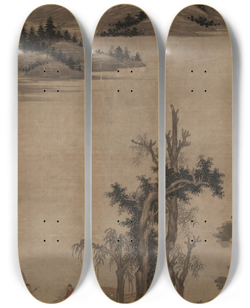 Triptych art skateboard deck of Zhao Yong Fishermenhermits In Stream And Mountain by Zhao Yong (1289-1362)