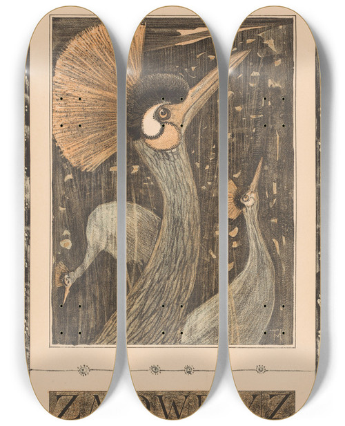 Triptych art skateboard deck of Theo Van Hoytema Kalenderblad Maart Met Kroonkranen by Theo Van Hoytema (1863-1917)