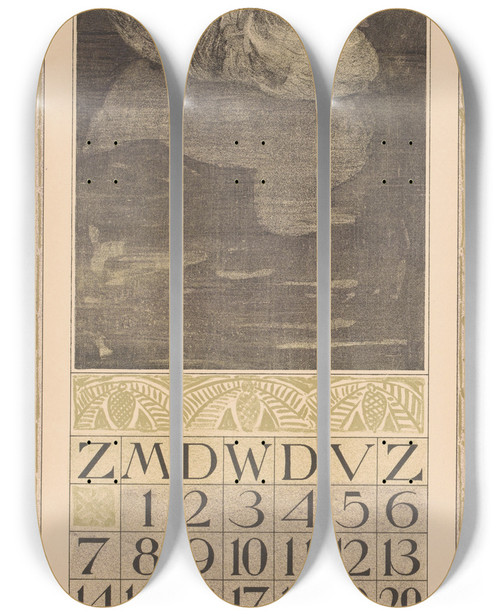 Triptych art skateboard deck of Theo Van Hoytema Kalenderblad November Met Drijvende Eend by Theo Van Hoytema (1863-1917)