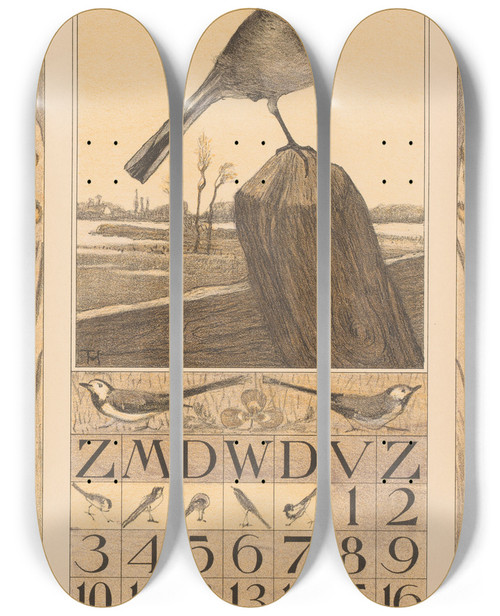 Triptych art skateboard deck of Theo Van Hoytema Kalenderblad April Met Kwikstaart by Theo Van Hoytema (1863-1917)