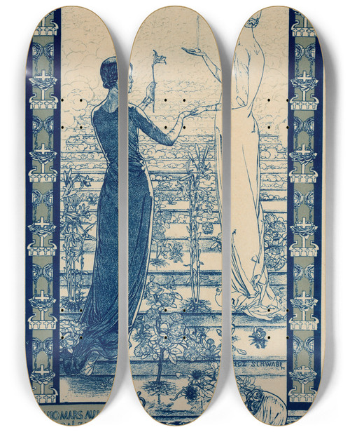 Triptych art skateboard deck of Carlos Schwabe Salon De La Rose Croix by Carlos Schwabe (1866-1927)