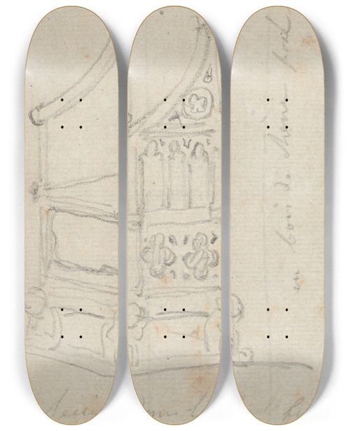 Triptych art skateboard deck of Nicaise De Keyser The Throne On Which The Scottish Kings Were Crowned In The Chapel Of St Edward The Confessor At Westminster Abbey by Nicaise De Keyser (1813-1887)