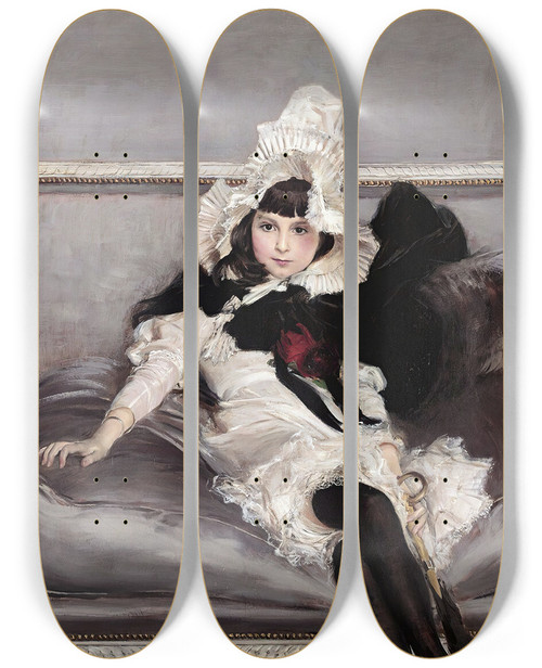 Triptych art skateboard deck of Giovanni Boldini Portrait Of Giovinetta Errazuriz by Giovanni Boldini (1842-1931)