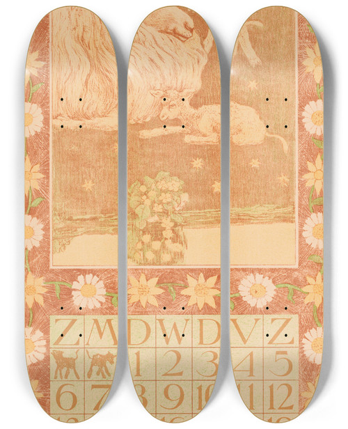 Triptych art skateboard deck of Theo Van Hoytema Kalenderblad Maart Met Schaap En Lammeren by Theo Van Hoytema (1863-1917)