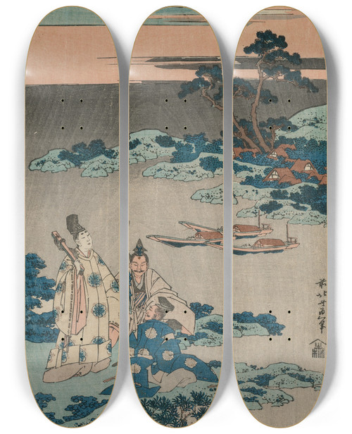 Triptych art skateboard deck of Katsushika Hokusai The Minister Toru Daijin Standing By A Lake Beneath A Crescent Moon From The Series A True Mirror Of Chinese And Japanese Poetry by Katsushika Hokusai (1760-1849)