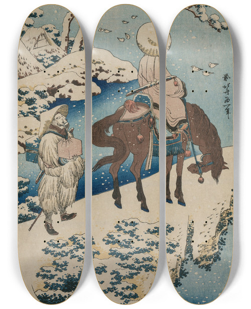 Triptych art skateboard deck of Katsushika Hokusai Chinese Official Pausing On A Bridge To View The Snow From The Series A True Mirror Of Chinese And Japanese Verse by Katsushika Hokusai (1760-1849)