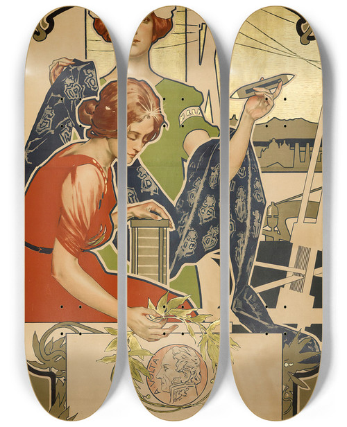Triptych art skateboard deck of Adolfo Hohenstein Onoranze A Volta Nel Centenario Della Pila Como 1899 by Adolfo Hohenstein (1854-1928)