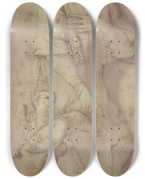 Triptych art skateboard deck of Ludovico Carracci Der Heilige Crispinus Mit Einem Engel In Einer Nische by Ludovico Carracci (1555-1619)