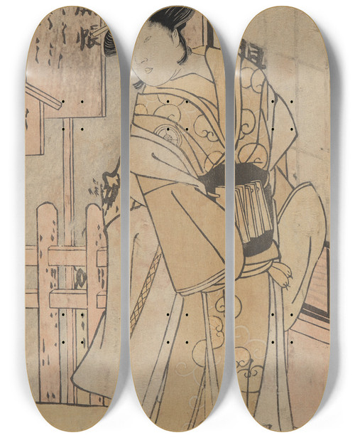 Triptych art skateboard deck of Katsukawa Shunei Actor As A Woman With A String Of Letters At Her Belt by Katsukawa Shunei (1762-1819)