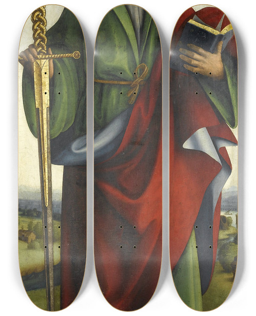 Triptych art skateboard deck of Macrino Dalba Saint Paul by Macrino Dalba (1465-1528)