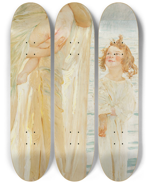 Triptych art skateboard deck of Giulio Aristide Sartorio La Famigliamattino A Fregene_1 by Giulio Aristide Sartorio (1860-1932)