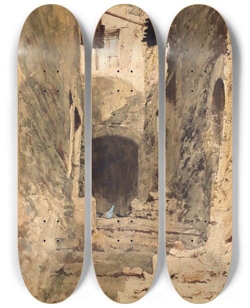 Triptych art skateboard deck of Pio Joris A View In Subiaco by Pio Joris (1843-1922)