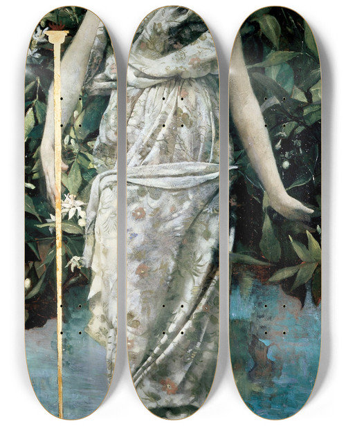 Triptych art skateboard deck of Thomas Wilmer Dewing Hymen by Thomas Wilmer Dewing (1851-1938)