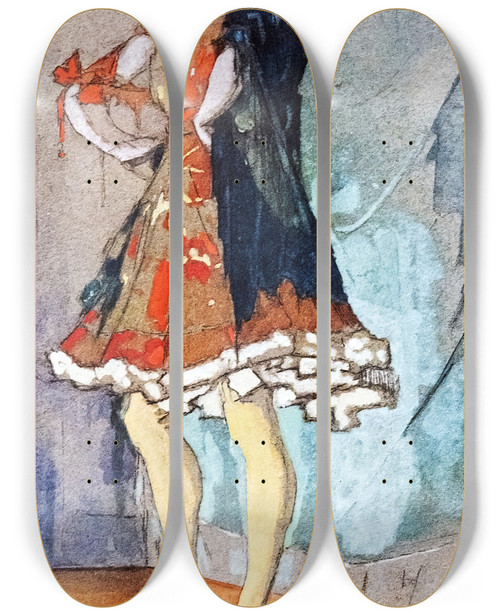 Triptych art skateboard deck of Armand Rassenfosse On The Stage Of A Traveling Circus by Armand Rassenfosse (1862-1934)